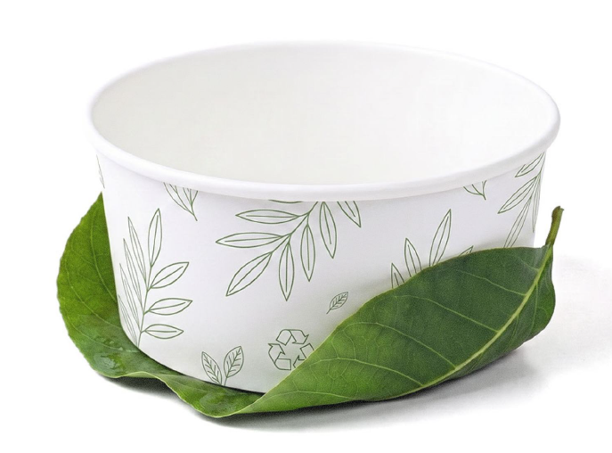Pote de papel branco com estampa de folhas e símbolo de reciclagem